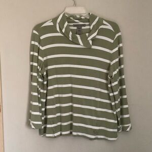 Sharon Young Olive and White Striped Long-Sleeve Cowl Neck Top